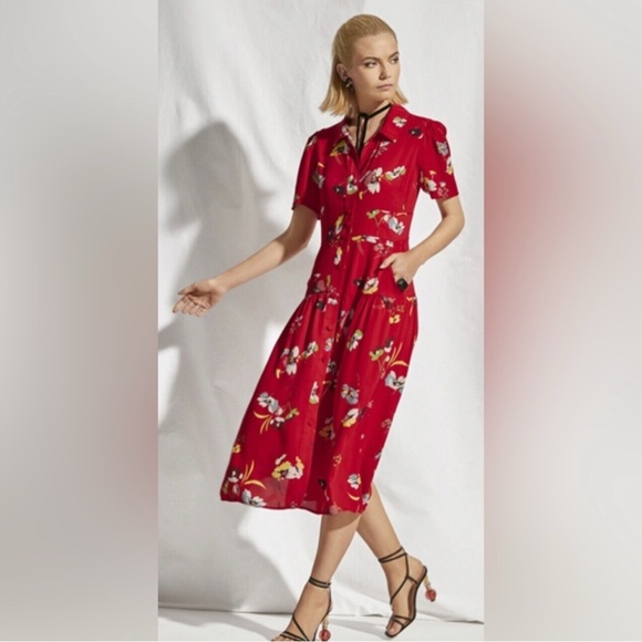 CAbi Red Floral Button-Up Midi Dress - Size S - Picture 4 of 8